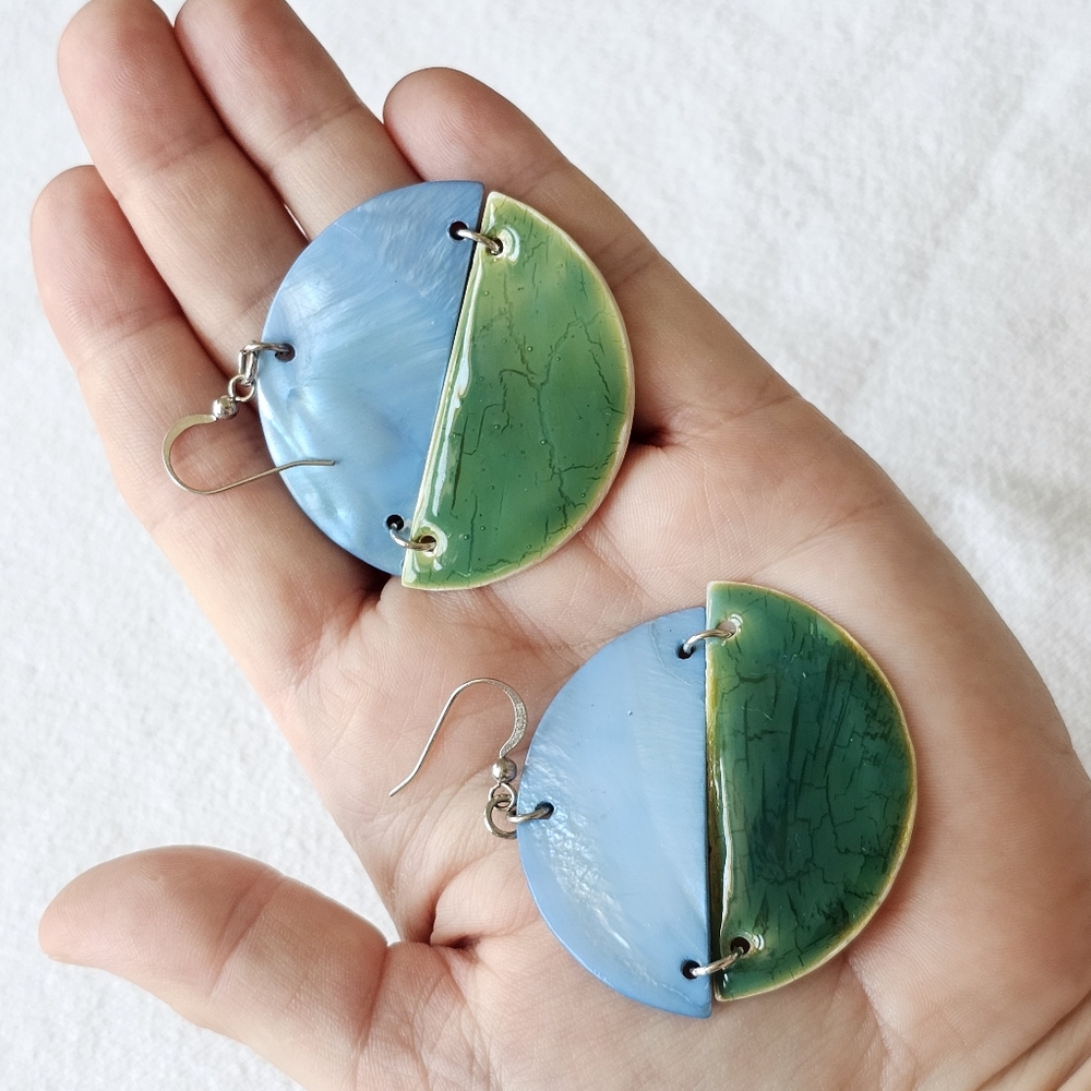 Artisan Shell Enamel Drop Earrings Colorblock Two Tone Handcrafted